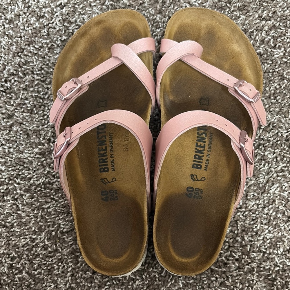 Birkenstock Pink Two-Strap Sandals with Cork Footbed